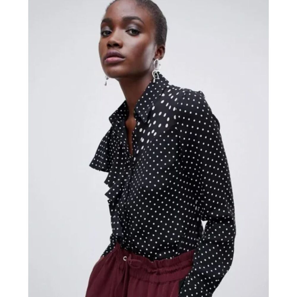 FINERY Polka Dot Buttoned Blouse Black White (US 2)